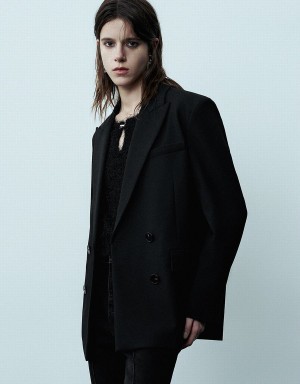 Blazer Urban Revivo Peak Lapel Double Breasted Tailored Femme Noir | JHD1143DI