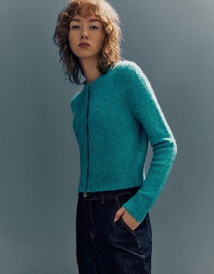 Cardigan Urban Revivo Crew Neck Tricoté Femme Bleu | GSM10066CC
