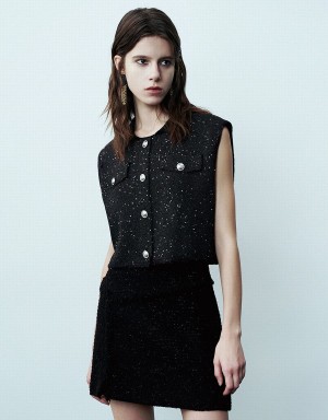 Cardigan Urban Revivo Crew Neck Tricoté Waistcoat Femme Noir | NRR9881WM
