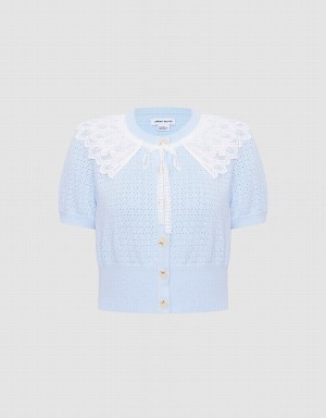 Cardigan Urban Revivo Dentelle Collar Pointelle Button Up Femme Bleu | IQI7928TR