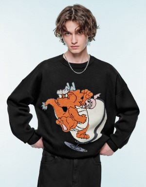 Cardigan Urban Revivo Dragon Embroidered Tricoté Homme Noir | YBI243HN