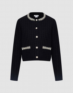 Cardigan Urban Revivo Faux Pearl Decor Tweed Tricoté Checkered Femme Noir | HNH9885LG