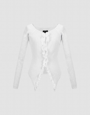 Cardigan Urban Revivo Frill Trim Tricoté Femme Blanche | NGB4150PJ