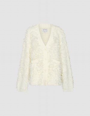 Cardigan Urban Revivo Furry V-Neck Tricoté Femme Blanche | XWP212YW