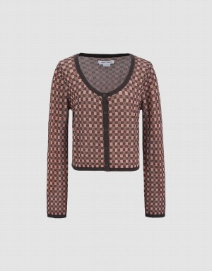 Cardigan Urban Revivo Gingham U Neck Tricoté Femme Marron | NRN7241ZB