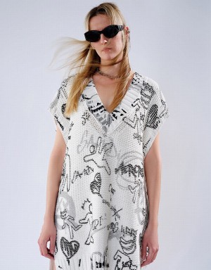 Cardigan Urban Revivo Graffiti Tricoté Femme Blanche | BCG1170WP