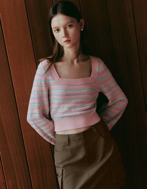 Cardigan Urban Revivo Puff Sleeve Square-cut Collar Tricoté Femme Rose | HKF4955XT