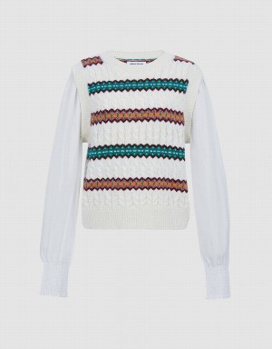 Cardigan Urban Revivo Spliced Rayé Tricoté Top Femme Blanche | WGC7381ZY
