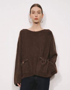 Cardigan Urban Revivo Standard Sleeve Crew Neck Tricoté Femme Marron | IPB6120EZ