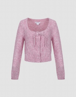 Cardigan Urban Revivo Tie Front Crew Neck Tricoté Femme Rose | PPR969SL