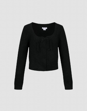 Cardigan Urban Revivo Tie Front Crew Neck Tricoté Femme Noir | EKR149IS