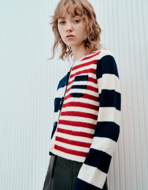 Cardigan Urban Revivo Two Toned Rayé Tricoté Femme Bleu | AAM3374KN