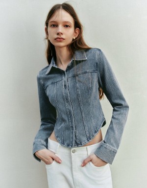 Chemises Urban Revivo Button Up Mince Denim Femme Bleu | TDC5428EL
