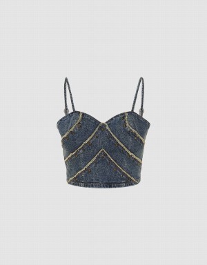 Chemises Urban Revivo Off-Shoulder Denim Cami Top Femme Bleu | XQD8249LE