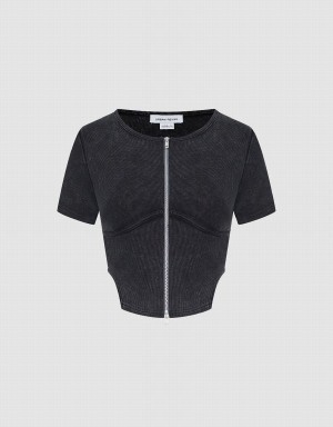Chemises Urban Revivo Zippé Front Crew Neck Femme Grise Foncé | IWK6183UN