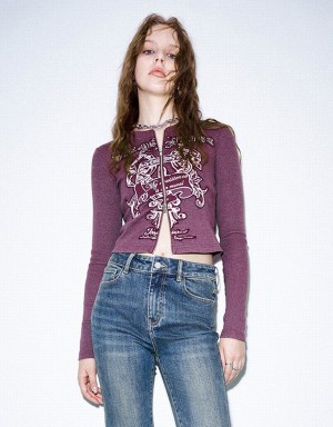 Chemises Urban Revivo Zippé Front Printed Crew Neck Femme Violette | PNY6330UY