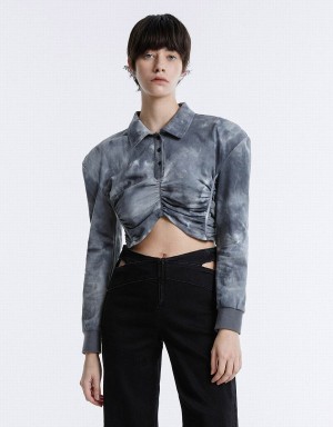 Chemisier Urban Revivo Tie-Dye Ruched Crop Femme Grise | ZCX5071PA