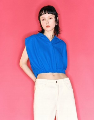 Debardeur Urban Revivo Lapel Crop Femme Bleu | QZK5524NQ