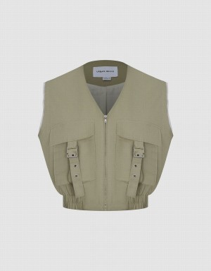 Gilet Urban Revivo Utilities V-Neck Femme Kaki Grise | AJT5288OS