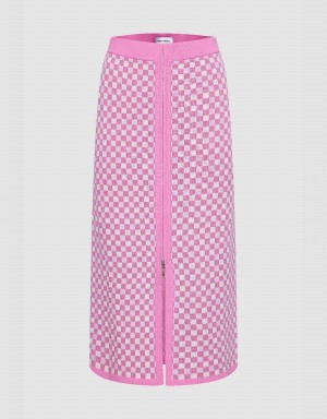 Jupes Urban Revivo Checkered Midi Droit Tricoté Femme Rose | HXQ4381TZ