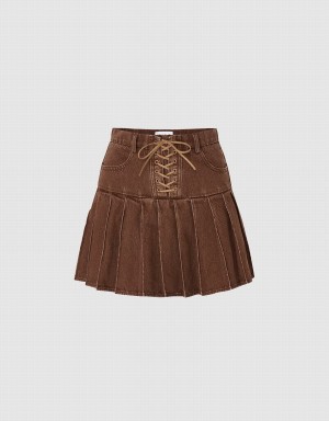 Jupes Urban Revivo Mini A-Line Denim Femme Kaki Marron | JHL5925FX