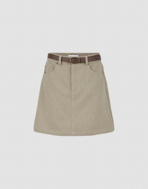 Jupes Urban Revivo Mini A-Line Denim With Belt Femme Kaki | NMI7828VR