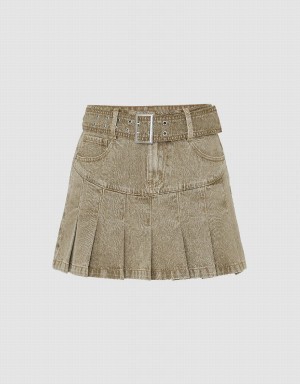 Jupes Urban Revivo Plissé Mini A-Line Denim Femme Kaki | SBB535MQ