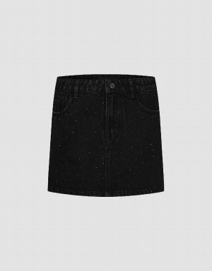 Jupes Urban Revivo Rhinestone Decor Mini Droit Denim Femme Noir | XTA6312YK