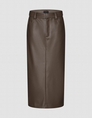 Jupes Urban Revivo Vegan Cuir Midi Droit Femme Marron | LAH3141NU