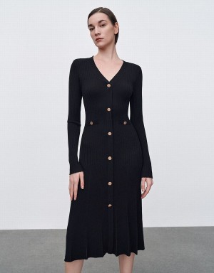 Peignoir Urban Revivo Button Up Tricoté Midi Femme Noir | ALW3426YM