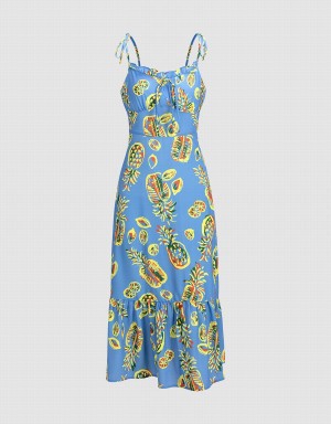 Peignoir Urban Revivo Pineapple Print Tie Brides Ruffle Hem Cami Femme Bleu | NDD4161DN