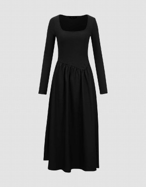 Peignoir Urban Revivo Square Neck Tricoté A-Line Femme Noir | MKE764KO