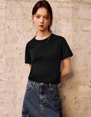 T Shirts Urban Revivo Basic Crew Neck Femme Noir | VHV3274IW