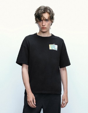 T Shirts Urban Revivo Bear Printed Crew Neck Homme Noir | MZU2715VJ