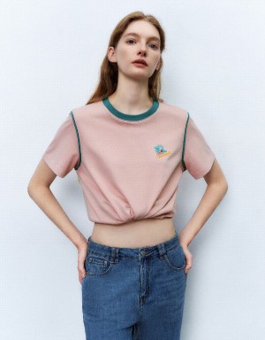 T Shirts Urban Revivo Crew Neck Droit Femme Rose | GUW10100RS