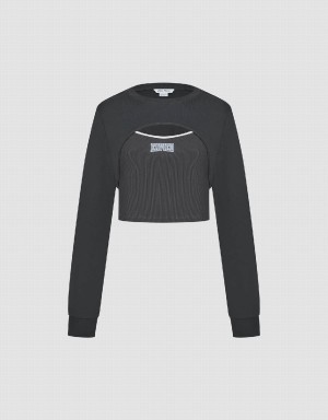 T Shirts Urban Revivo Cut-Out Crew Neck Tricoté Femme Grise Foncé | TRY3890SG