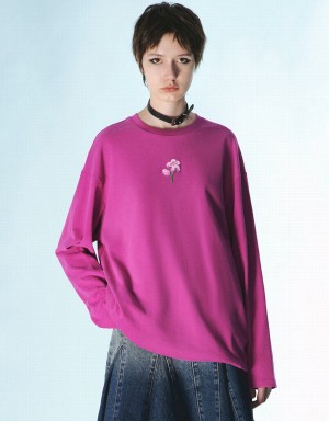 T Shirts Urban Revivo Flower Embossed Crew Neck Loose Femme Violette | EUH396ZQ