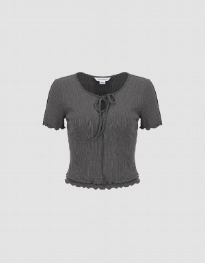 T Shirts Urban Revivo Frill Trim Tie Front Tricoté Femme Grise | CSQ1937NH