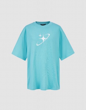 T Shirts Urban Revivo Galaxy Printed Crew Neck Femme Bleu | DOQ3623FB
