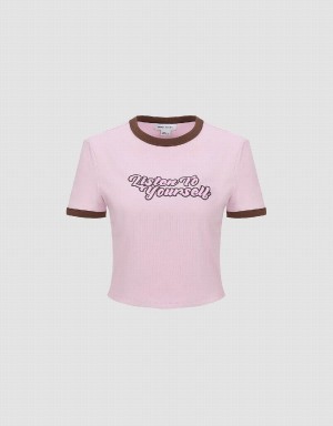 T Shirts Urban Revivo Letter Printed Crew Neck Regular Femme Rose | PPG589SB