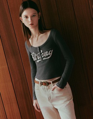 T Shirts Urban Revivo Letter Printed Crew Neck Mince Femme Grise Foncé | OAX6885HG