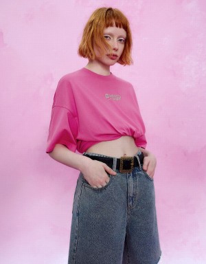 T Shirts Urban Revivo Letter Printed Crew Neck Loose Femme Rouge | JMH852OJ