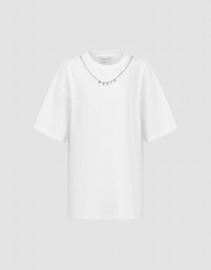T Shirts Urban Revivo Necklace Decor Crew Neck Loose Femme Blanche | AGK114UC
