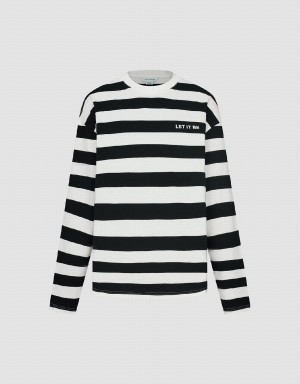 T Shirts Urban Revivo Rayé Crew Neck Homme Noir | GHV876SZ