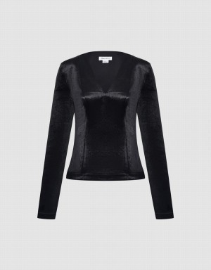 T Shirts Urban Revivo V-Neck Skater Femme Noir | HFK9320QM