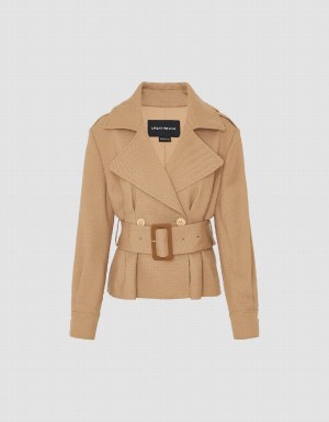 Vestes Urban Revivo Notch Lapel Skater With Belt Femme Kaki Clair | MYT5456ZR