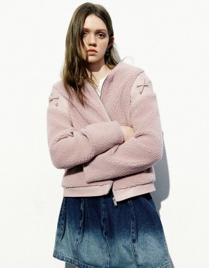 Vestes Urban Revivo Zippé Front Furry A-Line Femme Rose | ZYR8099TF
