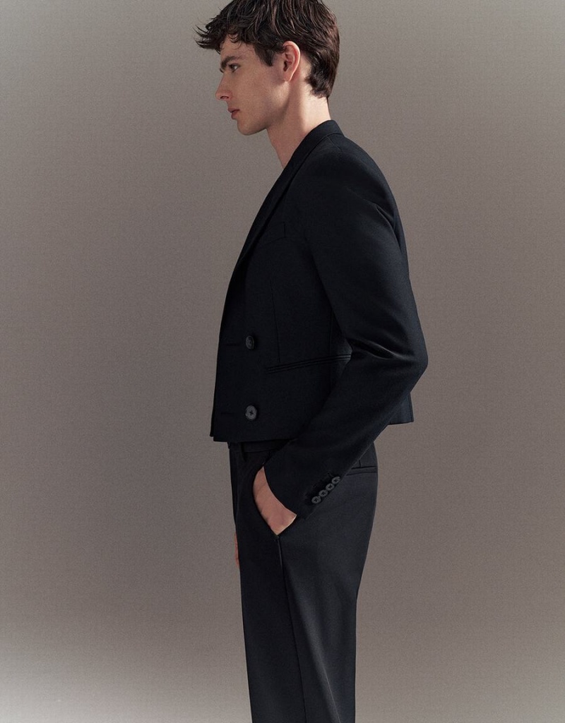 Blazer Urban Revivo Cropped Peak Lapel Homme Noir | SFP2130SF