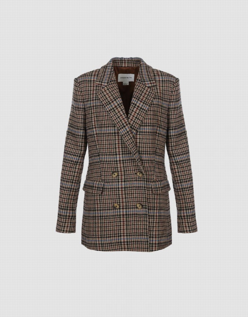 Blazer Urban Revivo Double Breasted Plaid Femme Marron | ZAU3789QU