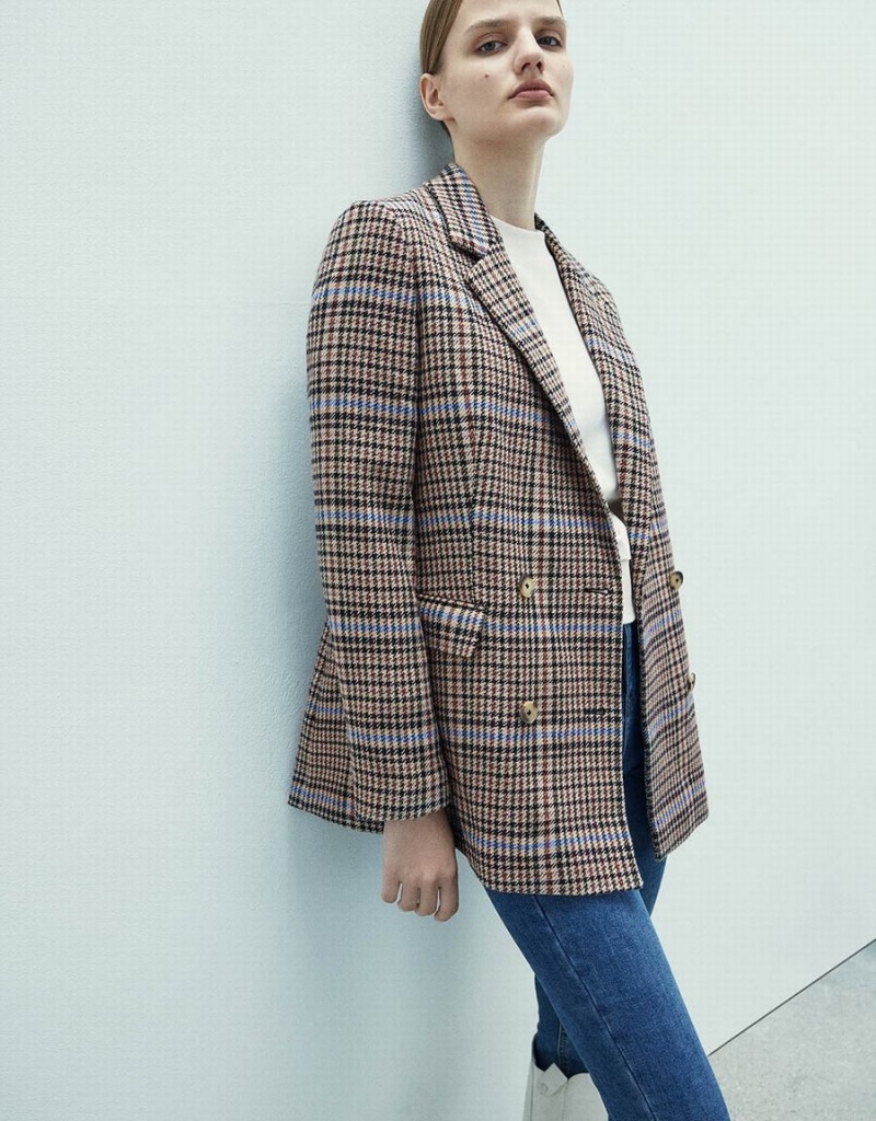 Blazer Urban Revivo Double Breasted Plaid Femme Marron | ZAU3789QU